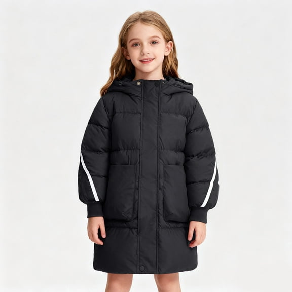 Puffer Jacket Kids Hooded Black Puffer Coat Zip up Long Sleeve Waterproof Girls Thickened Jacket Boys Winter Coats Size 5-6 Years