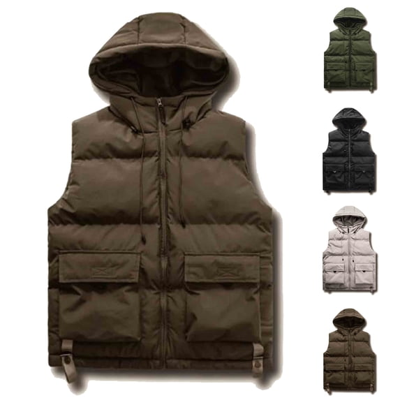 Puffer Jacket Men Dqueduo Men's Solid-Color Outdoor Thick Workwear Multi-Pocket Stand-Up Collar Sleeveless Parka Coffee XL