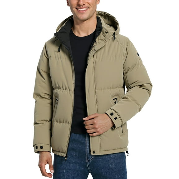 Puffer Jacket Men Windproof Hooded Padded Puffer Jacket Winter Warm Baggy Down Outerwear Cold Weather Relaxed Fit Jackets for Men Khaki XXXL
