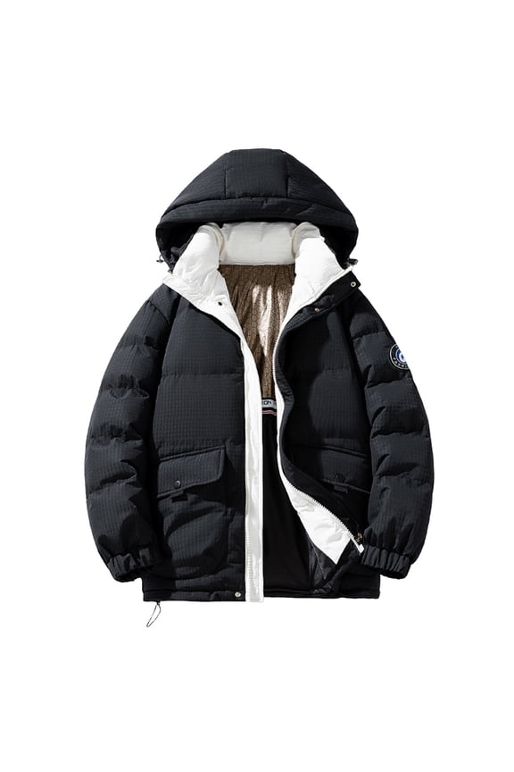 Puffer Jacket Men Winter Warm Hooded Down Jacket Zip Up Parka Padded Outwear Relaxed Fit Puffer Jacket Mens Winter Jackets Black XXXL