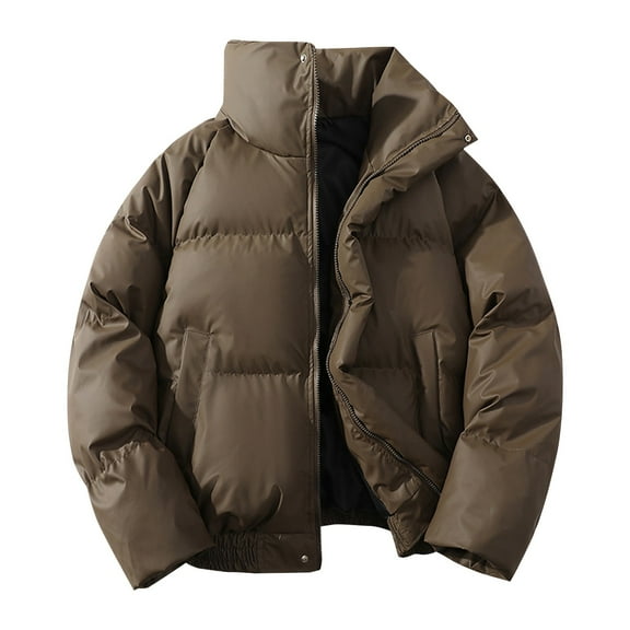 Puffer Jacket Men Winter Warm Long Sleeve Zip Up Puffer Jacket Hooded Down Jacket Thick Relaxed Fit Parka Padded Outwear Fall Jackets for Men Coffee L