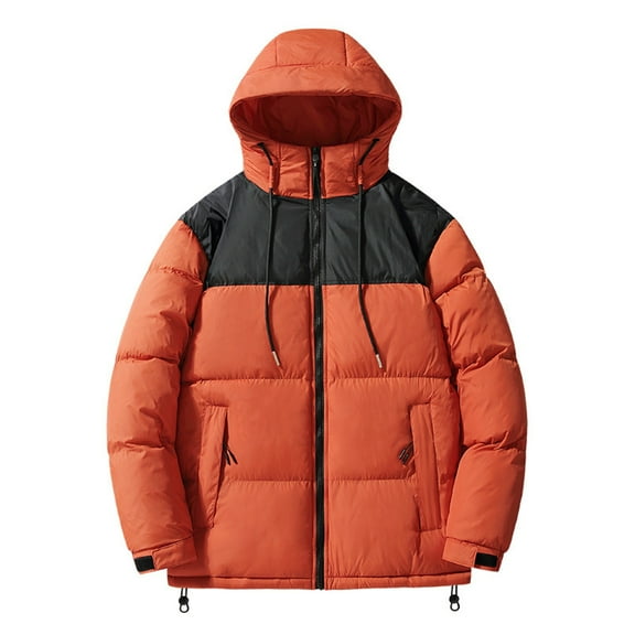 Puffer Jacket Men Winter Warm Zip Up Hooded Puffer Jacket Thick Parka Padded Outwear Relaxed Fit Solid Color Plus Size Jackets Orange M