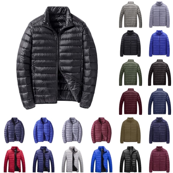 Puffer Jacket Men Zip Up Stand Collar Down Jacket Long Sleeve Winter Warm Puffer Jacket Heavyweight Baggy Down Outerwear Fall Jackets for Men Grey L