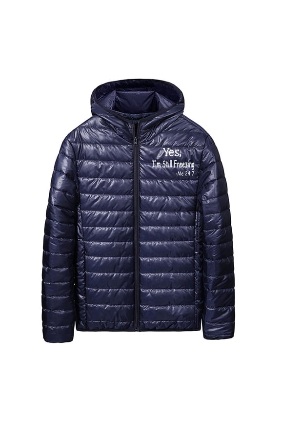 Puffer Jacket Mens Hooded Full Zip Pocketed Light Winter Quilted Coat with Funny Sayings, Yes I'm Steel Freezing (L, Navy)