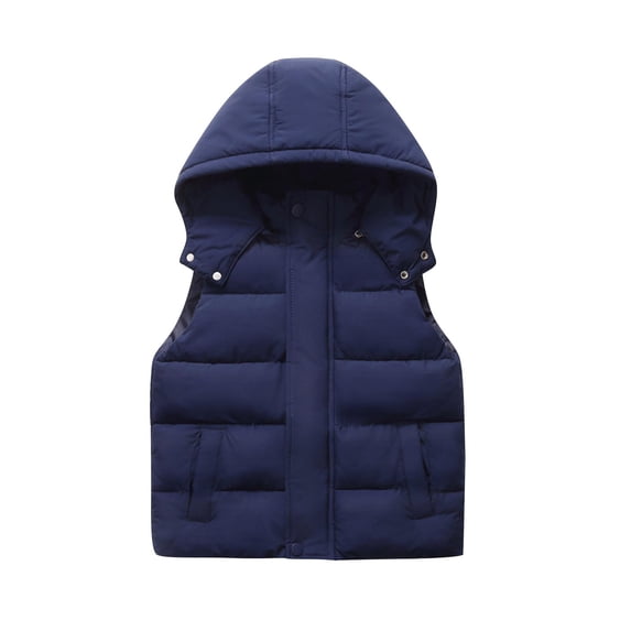 Puffer Jacket Vest for Boys Girls with Detachable Hood Sleeveless Cotton Padded Thick Pocketed Kids Winter Coat, Navy 5 Years