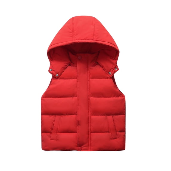 Puffer Jacket Vest for Boys Girls with Detachable Hood Sleeveless Cotton Padded Thick Pocketed Kids Winter Coat, Red 11 Years