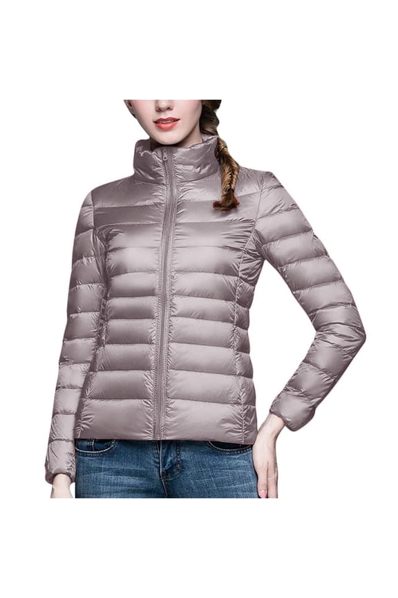 Puffer Jacket Womens Casual Lightweight Quilted Down Stand Collar Packable Solid Color Puffy Coats Outwear
