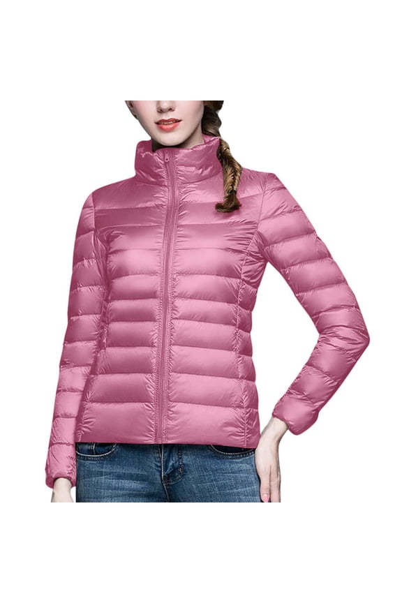 Puffer Jacket Womens Casual Lightweight Quilted Down Stand Collar Packable Solid Color Puffy Coats Outwear