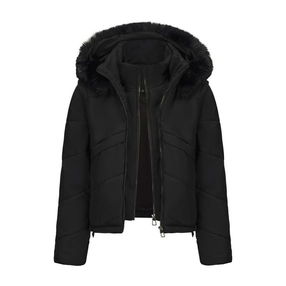 Puffer Jacket Womens Cropped Full Zip Removable Sleeve Down Jackets with Faux Fur Hood Stand Collar Solid Casual Thermal Short Coats 2025 Winter Warm Outerwear