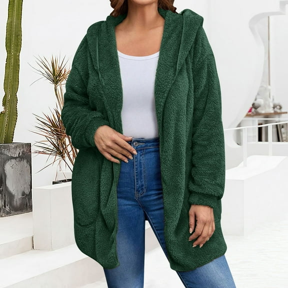 Weikingp Hoodies for Women,Women'S Fleece Hooded Fleece Jacket Open Front Cardigan Casual Coat Fleece Jacket Women Jackets for Women Clearance Army Green 2Xl