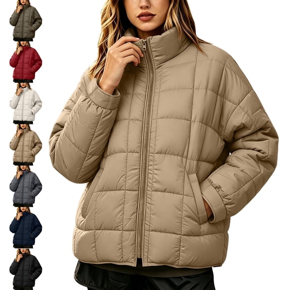 Puffer Jacket Womens Stand Collar Zip Up Lightweight Casual Quilted Coat With Pockets For Fall Winter