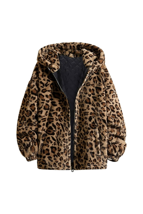 Puffer Jacket Womens Womens Winter Leopard Coats Long Sleeve Fuzzy Zipper Hooded With Pocket Womens Winter Coats D XL