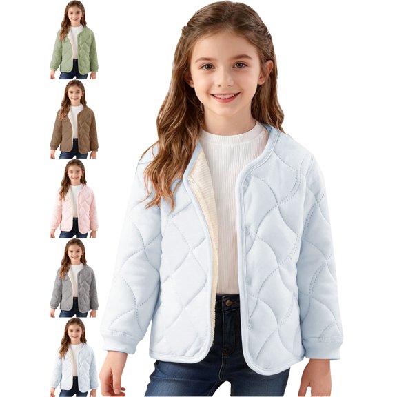 Puffer Jacket for Boys Girls Quilted Fleece Lined Crew Neck Button Front Warm Winter Jacket