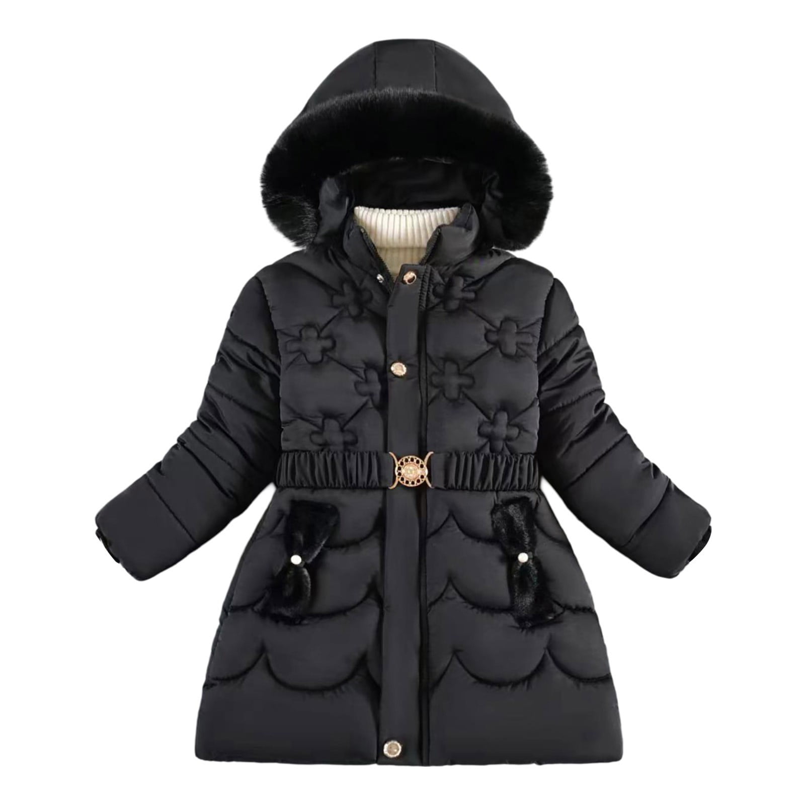 Puffer Jacket for Girls -Lined Hooded Belt Soild Color Print Puffer Jacket for Girls -Lined Hooded Belt Soild Color Print