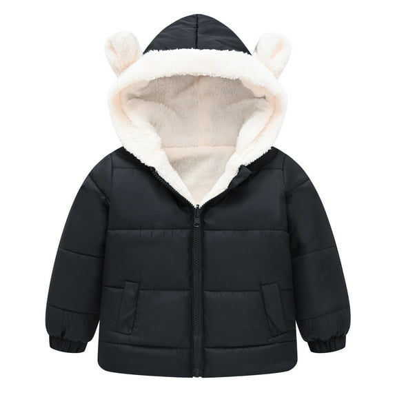 Puffer Jacket for Kids Ear Hooded Fleece-Lined Zip Up Soild Color Print Padded Fuzzy Boys Girls Down Coats with Pockets(4 Years 130,Black)