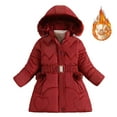 thumbnail image 1 of Puffer Jacket for Kids -Lined Hooded Zip Up Soild Color Print Belt Waist Padded Kids Down Coats with Pockets(9 Years 150,RD2), 1 of 4