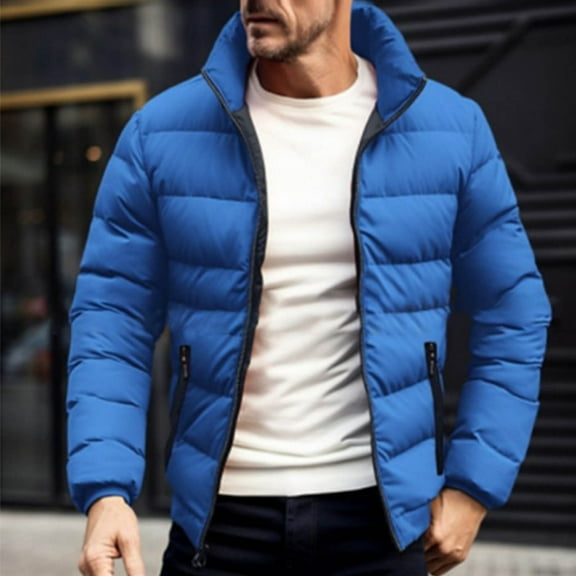 Puffer Jacket for Men Full Zip Stand Collar Down Coat Winter Warm Winter Lightweight Coat (Slightly Waterproof) (XL, Sky Blue)