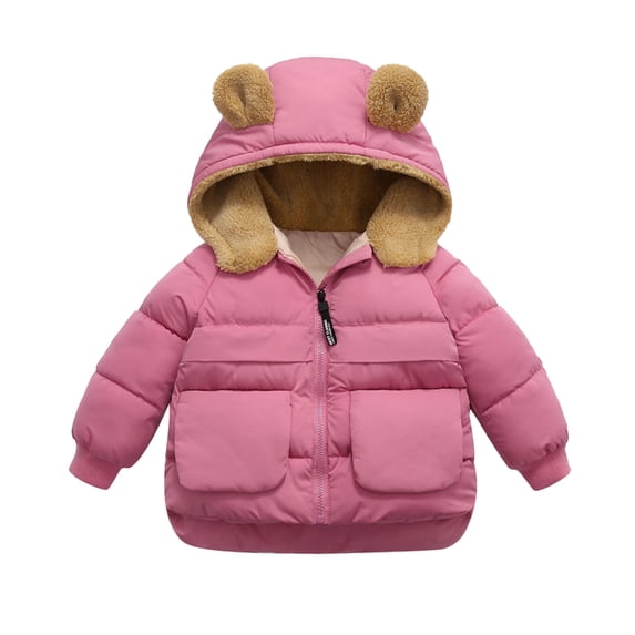 Puffer Jacket for Toddler Ear Hooded Zip Up Soild Color Print Padded Kids Down Coats with Pockets(12 Months 90,Pink)
