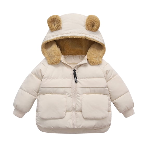 Puffer Jacket for Toddler Ear Hooded Zip Up Soild Color Print Padded Kids Down Coats with Pockets(2 Years 110,Beige)