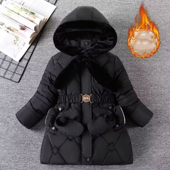 Puffer Jackets for Girls Fleece Lined Coats with Pockets Hooded Belt and Gloves Size 6-13 Teens Solid Long Sleeve Zip Up Thermal Warm Winter Jacket