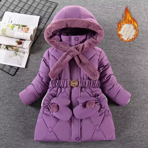 Puffer Jackets for Girls Fleece Lined Coats with Pockets Hooded Belt and Gloves Size 6-13 Teens Solid Long Sleeve Zip Up Thermal Warm Winter Jacket