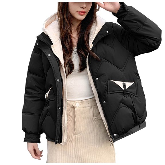Puffer Jackets for Women Midweight Winter Warm Long Sleeve Full Zip Coat 2026 Fall Trendy Quilted Jacket Outwear with Hood (L, Black)