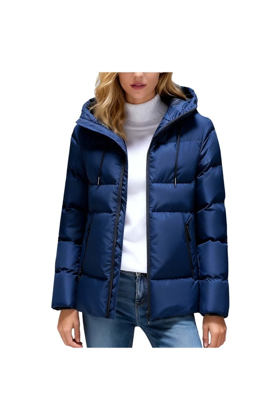 Puffer Jackets for Women Solid Color Double Pocket Zipper Long Sleeved Hooded Casual Fashion Parkas