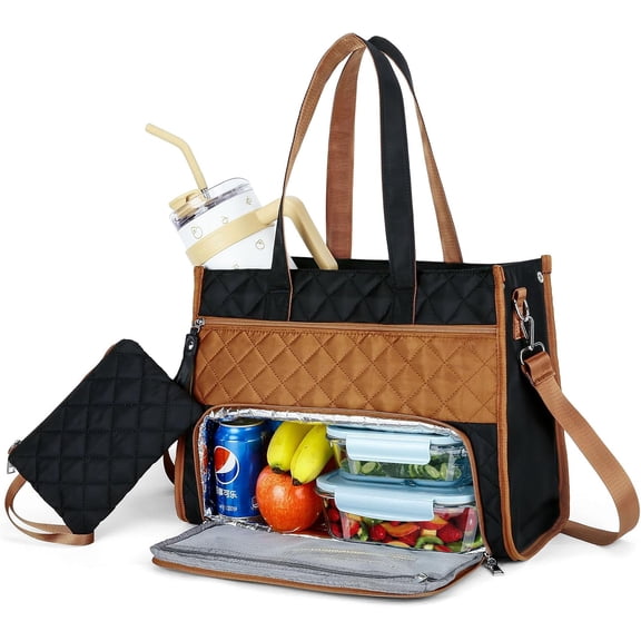 Puffer Lunch Tote Bag for Women, 15.6" Laptop Bag with Insulated Lunch Compartment, Quilted 2 in 1 Computer Handbag Purse with Cup Holder for Work, Office, College, Travel, Casual(Black-Brown)