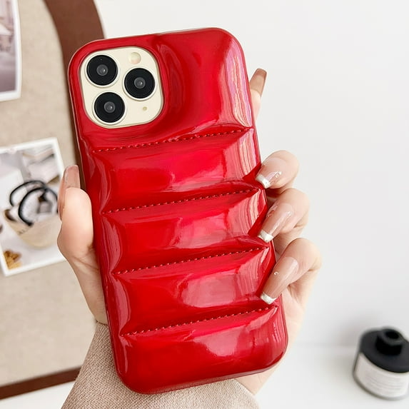 Puffer Phone Case Compatible for iPhone 16 Pro, Soft Touch Puffer Trendy Down Jacket Material, Slim Glossy Anti-Scratches Shockproof Non-Slip for iPhone 16 Pro Protective Case, Red
