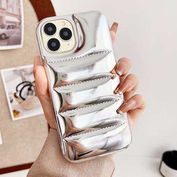 Puffer Phone Case Compatible for iPhone 16 Pro, Soft Touch Puffer Trendy Down Jacket Material, Slim Glossy Anti-Scratches Shockproof Non-Slip for iPhone 16 Pro Protective Case, Silver