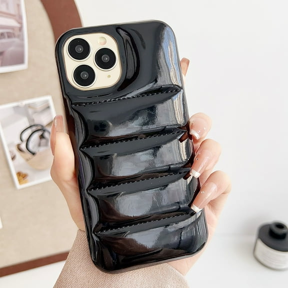Puffer Phone Case Compatible for iPhone 16 Pro, Soft Touch Puffer Trendy Down Jacket Material, Slim Glossy Anti-Scratches Shockproof Non-Slip for iPhone 16 Pro Protective Case, Black