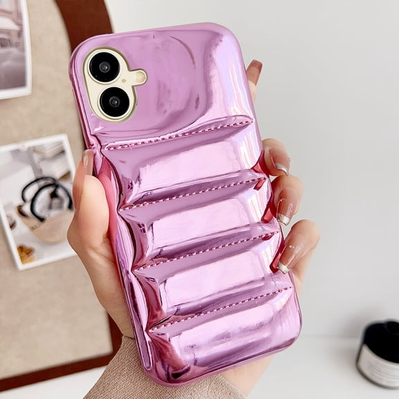 Puffer Phone Case for iPhone 16, Laser Glossy Down Jacket Touch Trendy Puffer Case for iPhone 16, Shockproof Scratch Resistant Slim Case for Women Men, Purple
