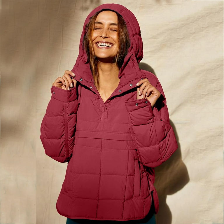 Puffer Pullover Hoodies Women Quilted Cotton Padded 1 4 Snap Buttons Lightweight Plain Hooded Sweatshirt Jackets Large Red Walmart