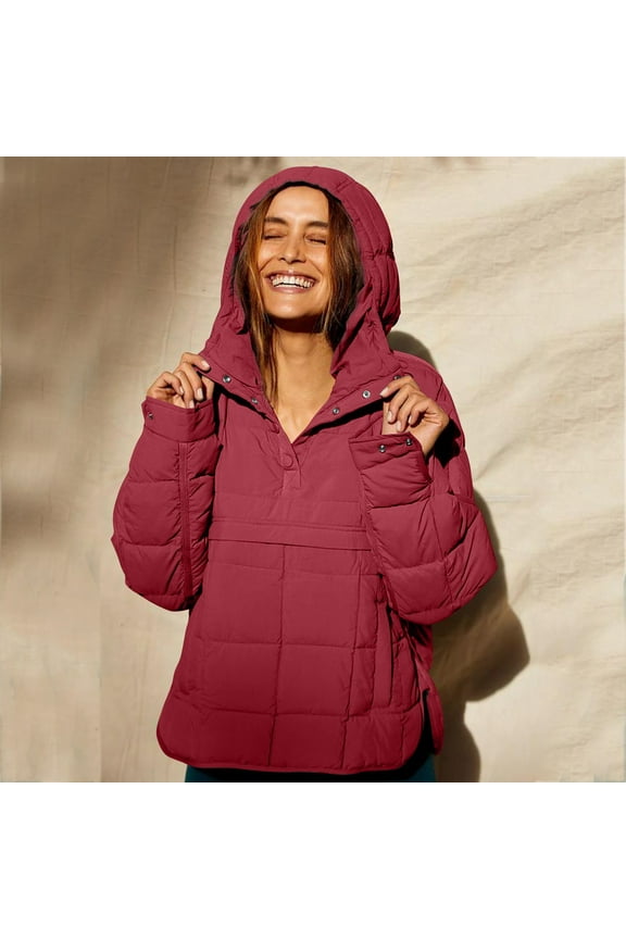 Puffer Pullover Hoodies Women Quilted Cotton Padded 1/4 Snap Buttons Lightweight Plain Hooded Sweatshirt Jackets (X-Large, Red)