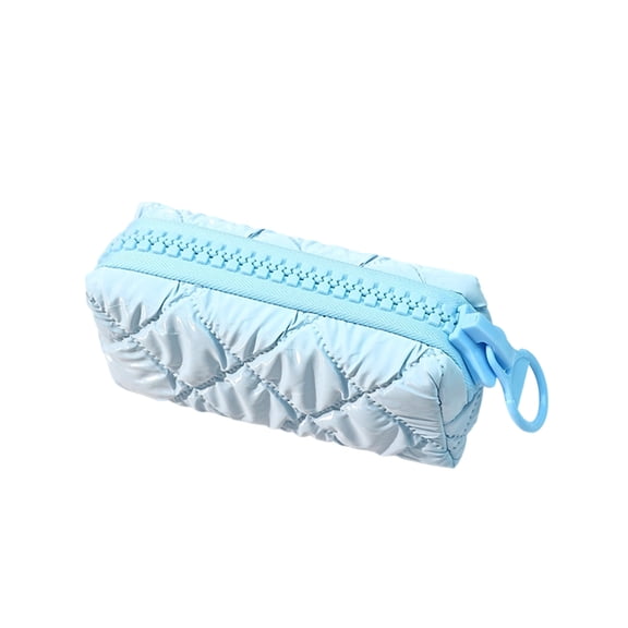 Puffer Quilted Pencil Pouch Cosmetic Bags, Large-Capacity Travel Toiletry Pouch, Cute Checkered Zipper Bag Travel Essential, Portable Pencil Case for Gifts Work Daily (Light Blue)