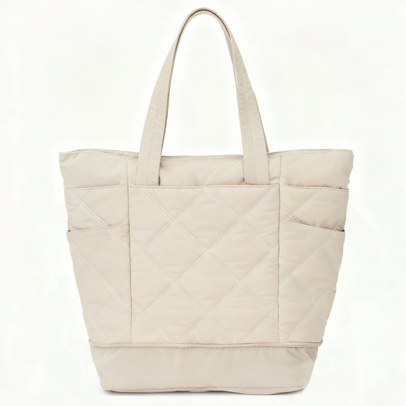 Puffer Quilted Tote Bag for Women with Expandable Bottom, Large Capacity Lightweight Shoulder Handbag for Work Commute School College Travel, Beige