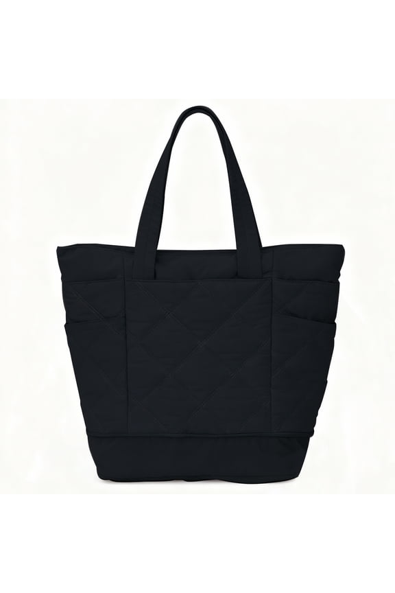 Puffer Quilted Tote Bag for Women with Expandable Bottom, Large Capacity Lightweight Shoulder Handbag for Work Commute School College Travel, Black