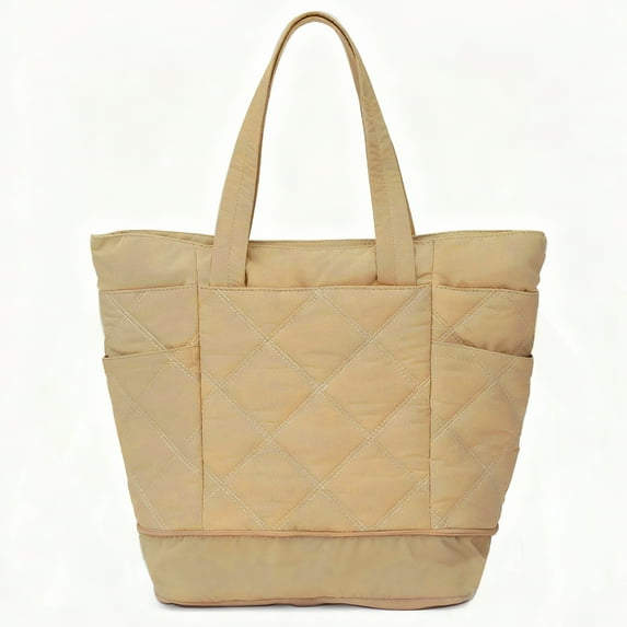 Puffer Quilted Tote Bag for Women with Expandable Bottom, Large Capacity Lightweight Shoulder Handbag for Work Commute School College Travel, Khaki