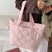 Puffer Quilted Tote Bag for Women with Expandable Bottom, Large Capacity Lightweight Shoulder Handbag for Work Commute School College Travel, Pink