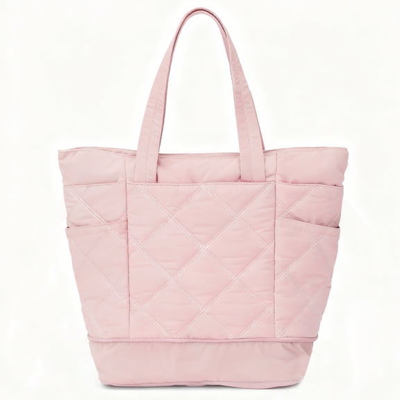Puffer Quilted Tote Bag for Women with Expandable Bottom, Large Capacity Lightweight Shoulder Handbag for Work Commute School College Travel, Pink