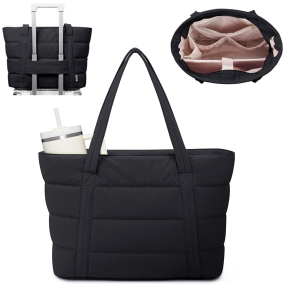 Puffer Tote Bag with Water Bottle Holder & Laptop Compartment for Women Girl, Work Tote Bags for Nurse Teacher, Quilted Shoulder Bag Handbag for Travel Gym(Black)