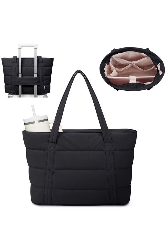 Puffer Tote Bag with Water Bottle Holder & Laptop Compartment for Women Girl, Work Tote Bags for Nurse Teacher, Quilted Shoulder Bag Handbag for Travel Gym(Black)
