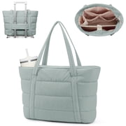 Puffer Tote Bag with Water Bottle Holder & Laptop Compartment for Women Girl, Work Tote Bags for Nurse Teacher, Quilted Shoulder Bag Handbag for Travel GymGreen