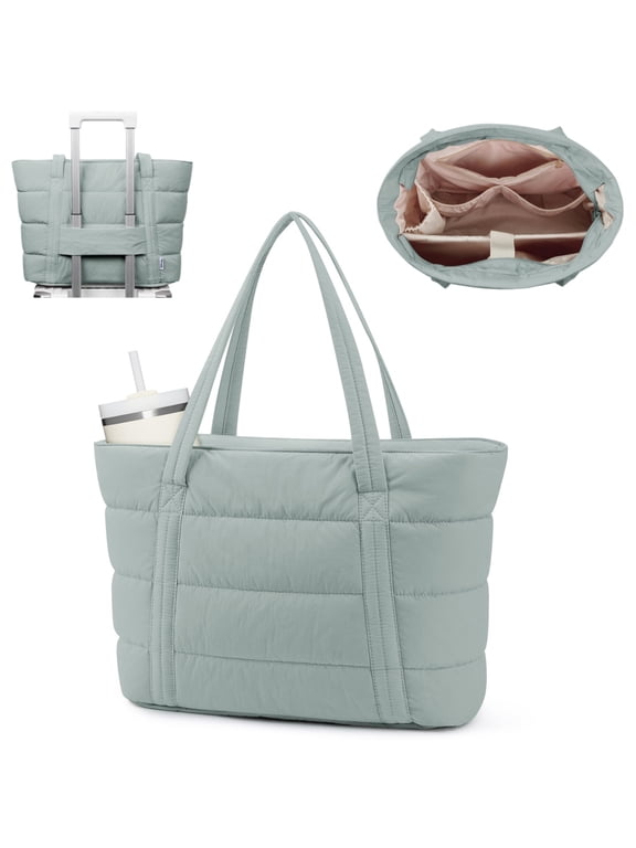 Puffer Tote Bag with Zipper & Cup Holder, Work Tote Bags with Laptop Compartment for Girl Women Nurse Teacher, Quilted Shoulder Bag for Travel Gym(Green)