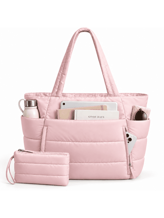 Puffer Tote Bag for Women, Lightweight Puffy Work Handbag Teacher Nurse Quilted Shoulder Bag for Travel Gym, Daily Carry On Bags, Comfy College Bags, 15.6" Laptop Sleeve, Cup Holder Pocket, Portable