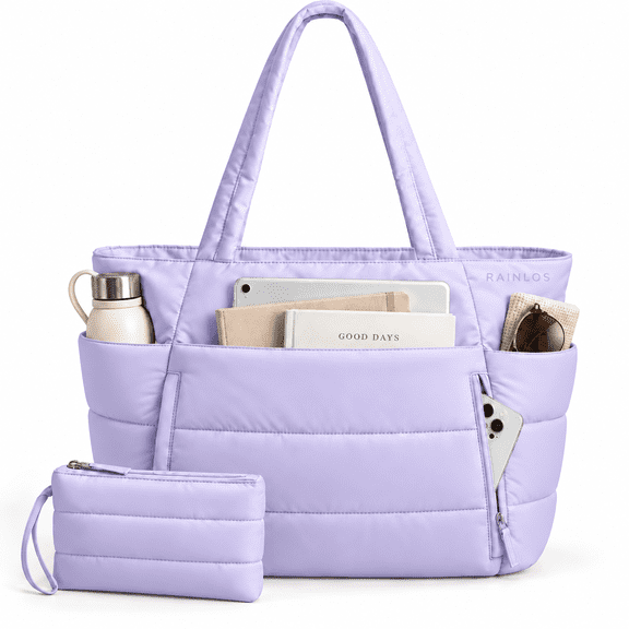 Puffer Tote Bag for Women, Lightweight Puffy Work Handbag Teacher Nurse Quilted Shoulder Bag for Travel Gym, Daily Carry On Bags, Comfy College Bags, 15.6" Laptop Sleeve, Cup Holder Pocket, Portable