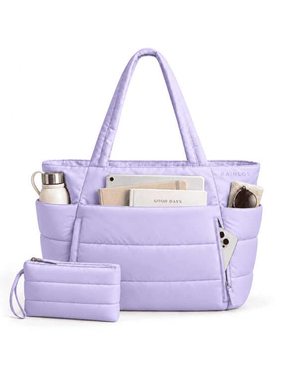 Puffer Tote Bag for Women, Lightweight Puffy Work Handbag Teacher Nurse Quilted Shoulder Bag for Travel Gym, Daily Carry On Bags, Comfy College Bags, 15.6" Laptop Sleeve, Cup Holder Pocket, Portable
