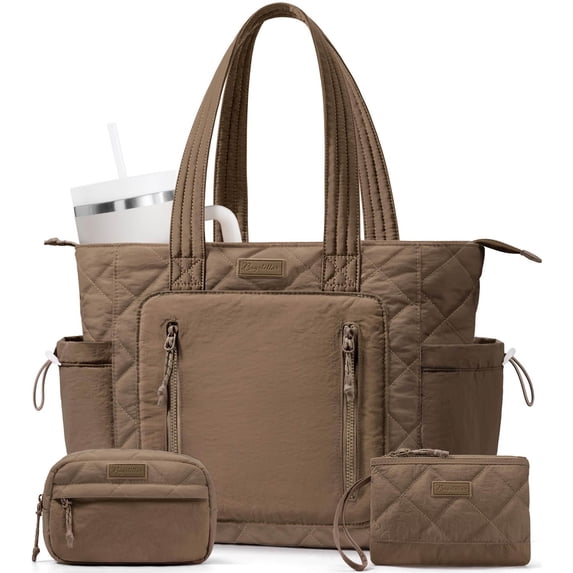Puffer Tote Bag for Women, Lightweight Quilted Work Laptop Handbags with Compartments, 15.6" Computer Bag for Teacher Nurse School Daily Travel Gym (Mocha Brown)