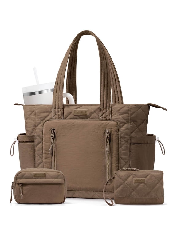 Puffer Tote Bag for Women, Lightweight Quilted Work Laptop Handbags with Compartments, 15.6" Computer Bag for Teacher Nurse School Daily Travel Gym (Mocha Brown)