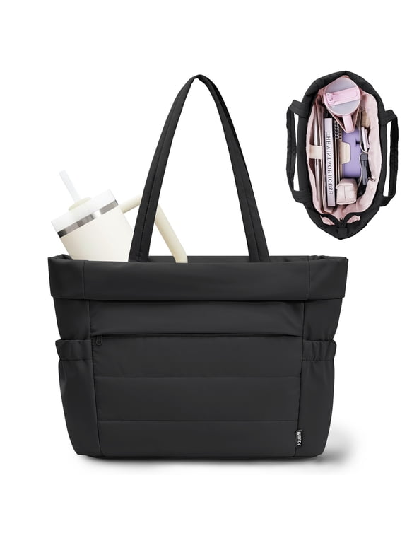 Puffer Tote Bag for Women Quilted Shoulder Bag with 40oz Tumbler Cup Holder & 15.6" Laptop, Large Capacity Lightweight Handbag for Travel Work School Gym Weekend, 20L, Black